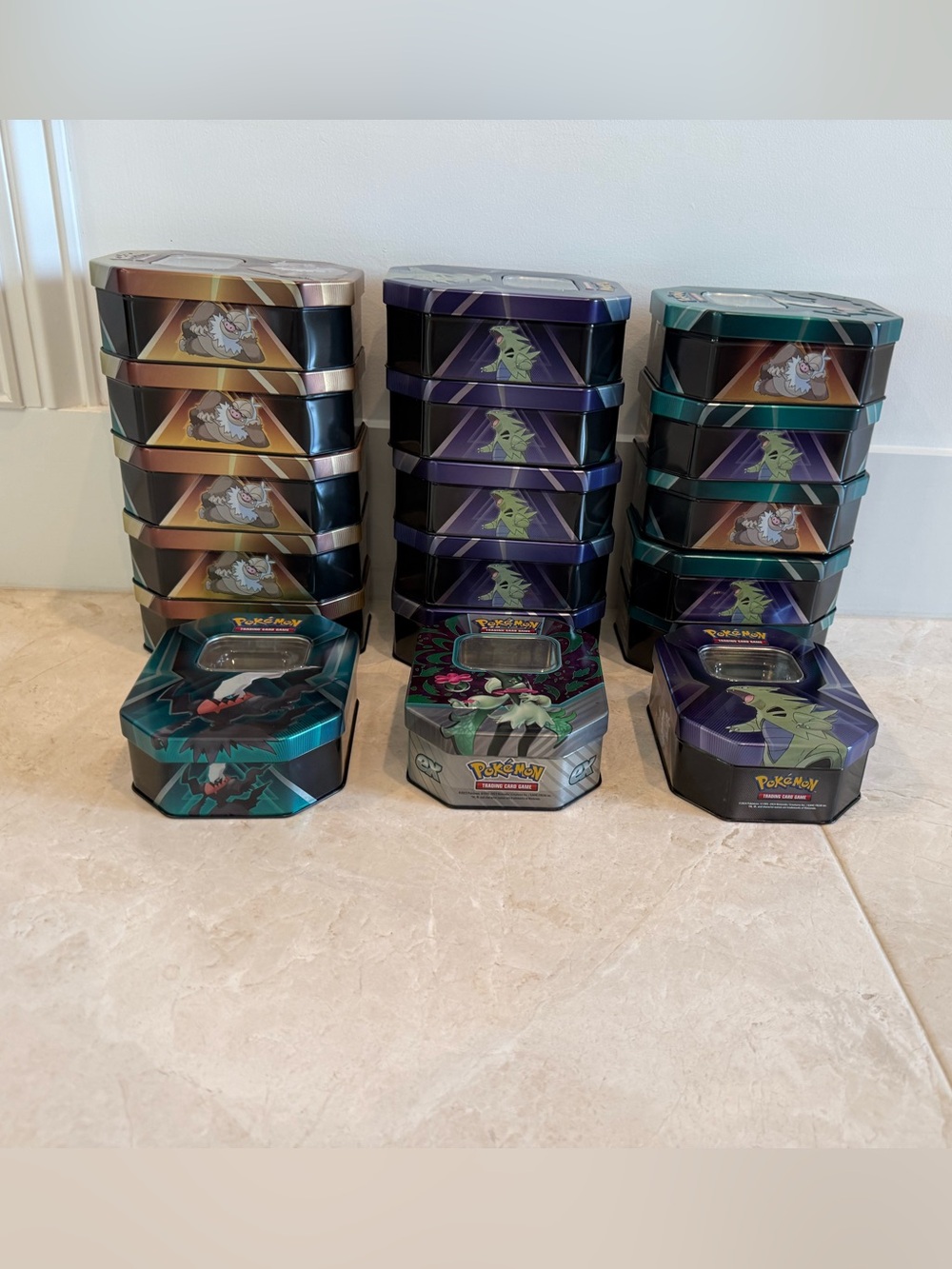 18 Empty Pokémon Collector Tins Lot Metal Storage Tyranitar Darkrai Slaking Spri
